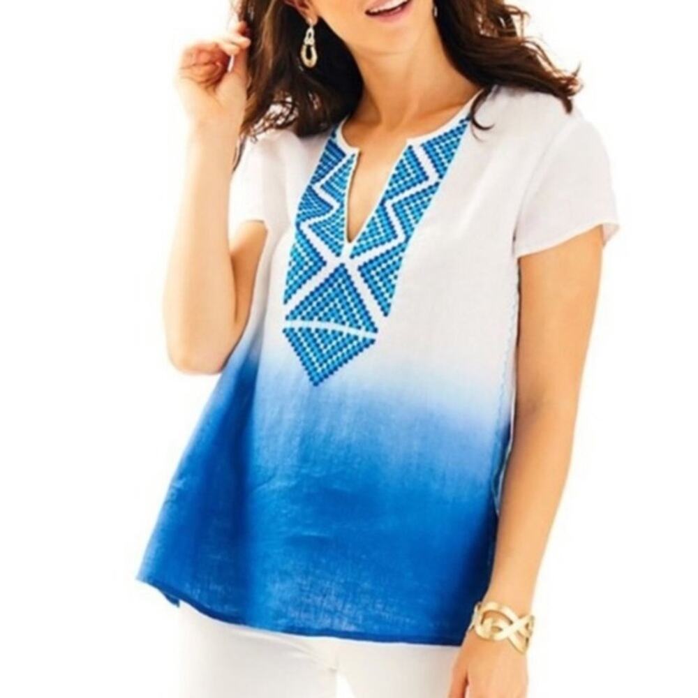 Lilly Pulitzer Breakers row embroidered ombré top Sz M linen